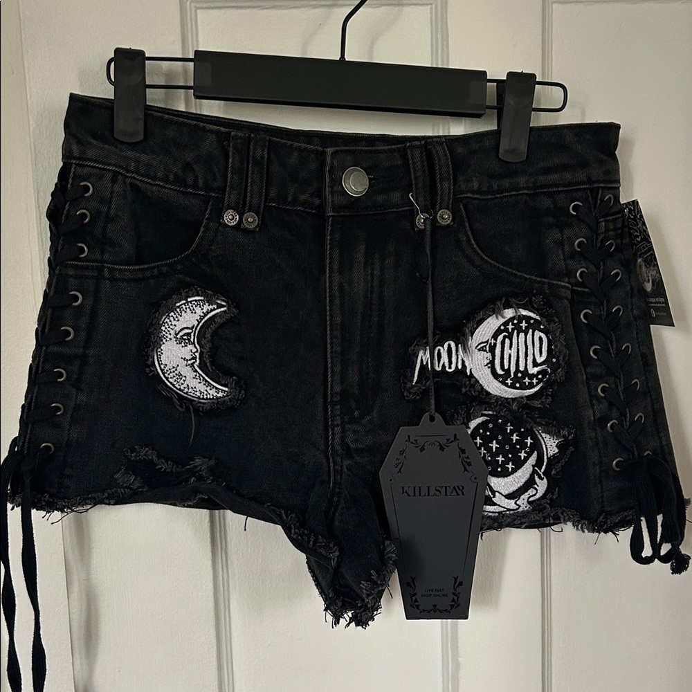 Killstar Black Moon Embroidered Jean Shorts